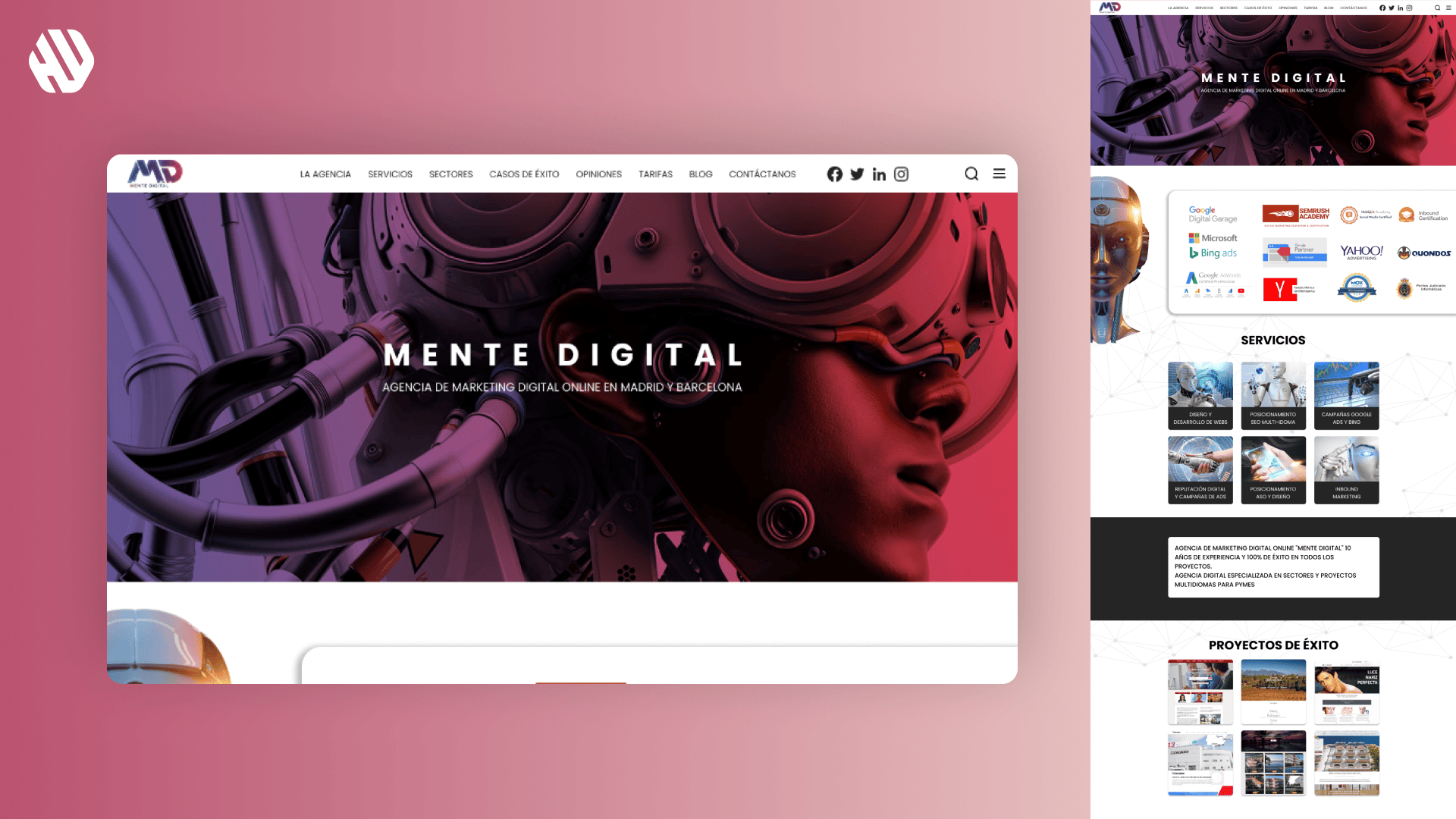 Screenshot of Mente Digital agency website with futuristic graphics and digital marketing service offerings.